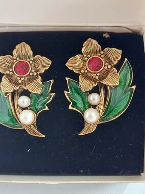 Vintage Avon Gold Floral Pearl Earrings with Red Crystal Accent
